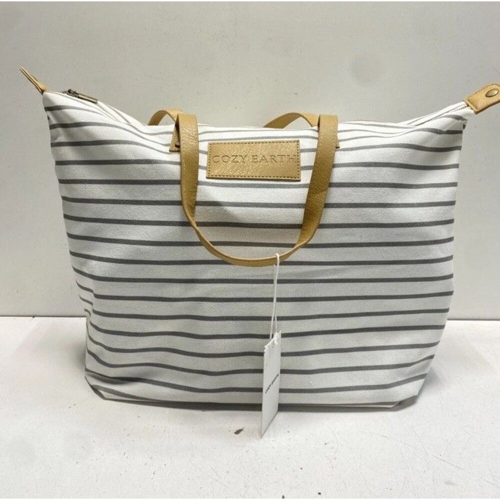 Cozy Earth Grey White Striped Canvas Large Zip Top Tote Bag Weekender NWT